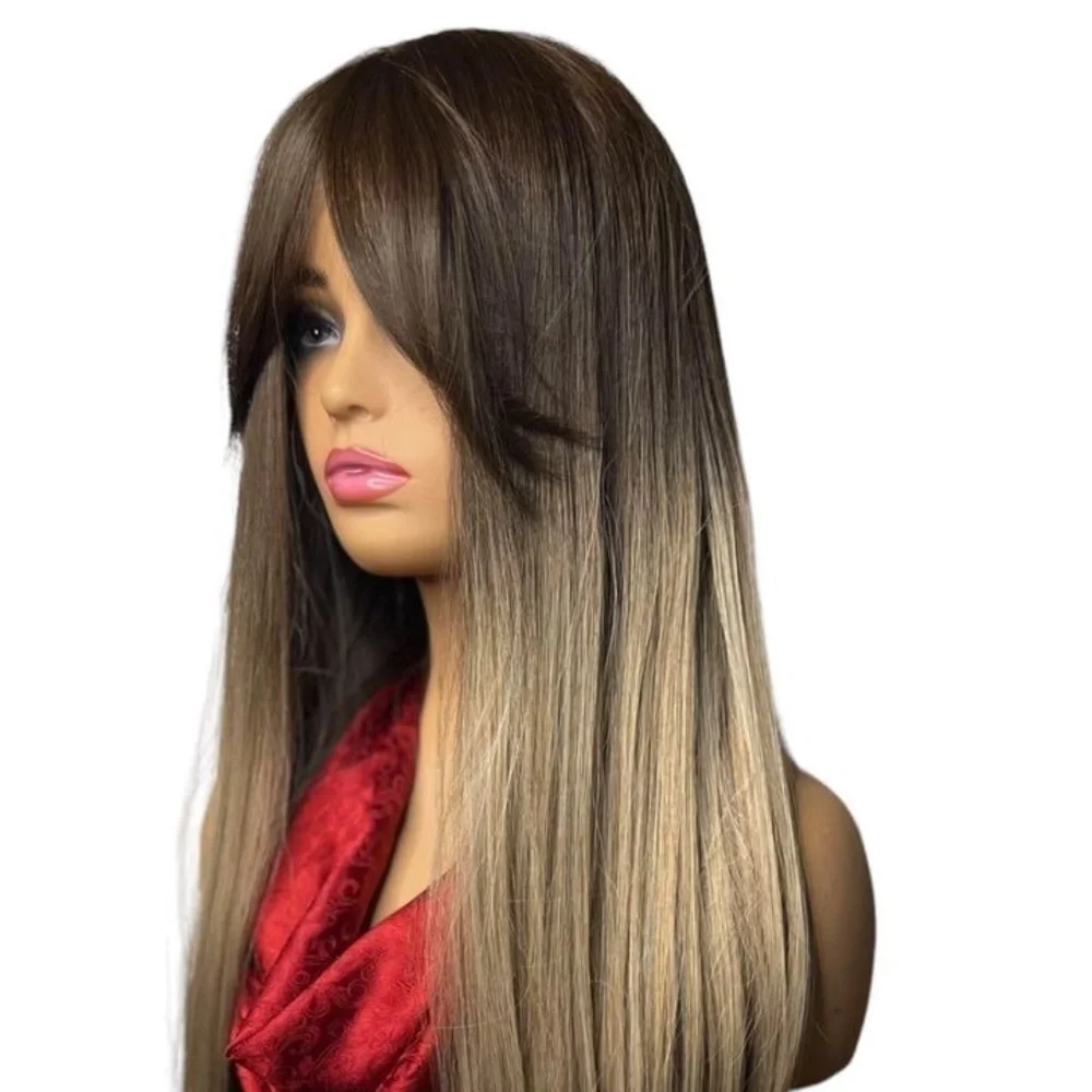 34 Inch balayage Brown & Ash Light Blonde Straig Long Wig  with Open Sid…